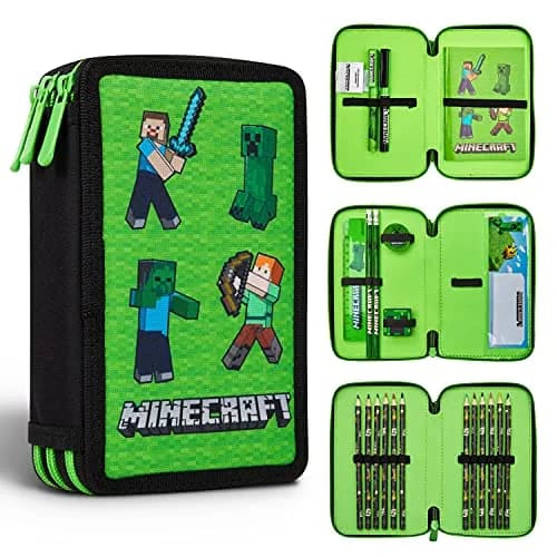 Minecraft Kids Pencil Case Stationery Set with Notebook, Colored Pencils, Pens, Ruler, Eraser, Sharpener & More | Green Mob thumbnail 1