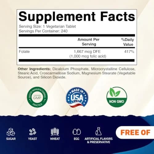 Vitamatic Folic Acid 1000 mcg (1 mg) | Supports Cell Growth & DNA Synthesis thumbnail 2