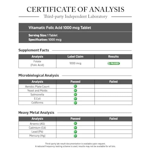 Vitamatic Folic Acid 1000 mcg (1 mg) | Supports Cell Growth & DNA Synthesis thumbnail 3
