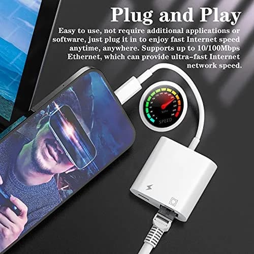 DESOFICON Lightning to Ethernet Adapter 2 in 1 | Fast Ethernet & Charge Port for iPhone/iPad (0.5kg, 9.7in) thumbnail 4