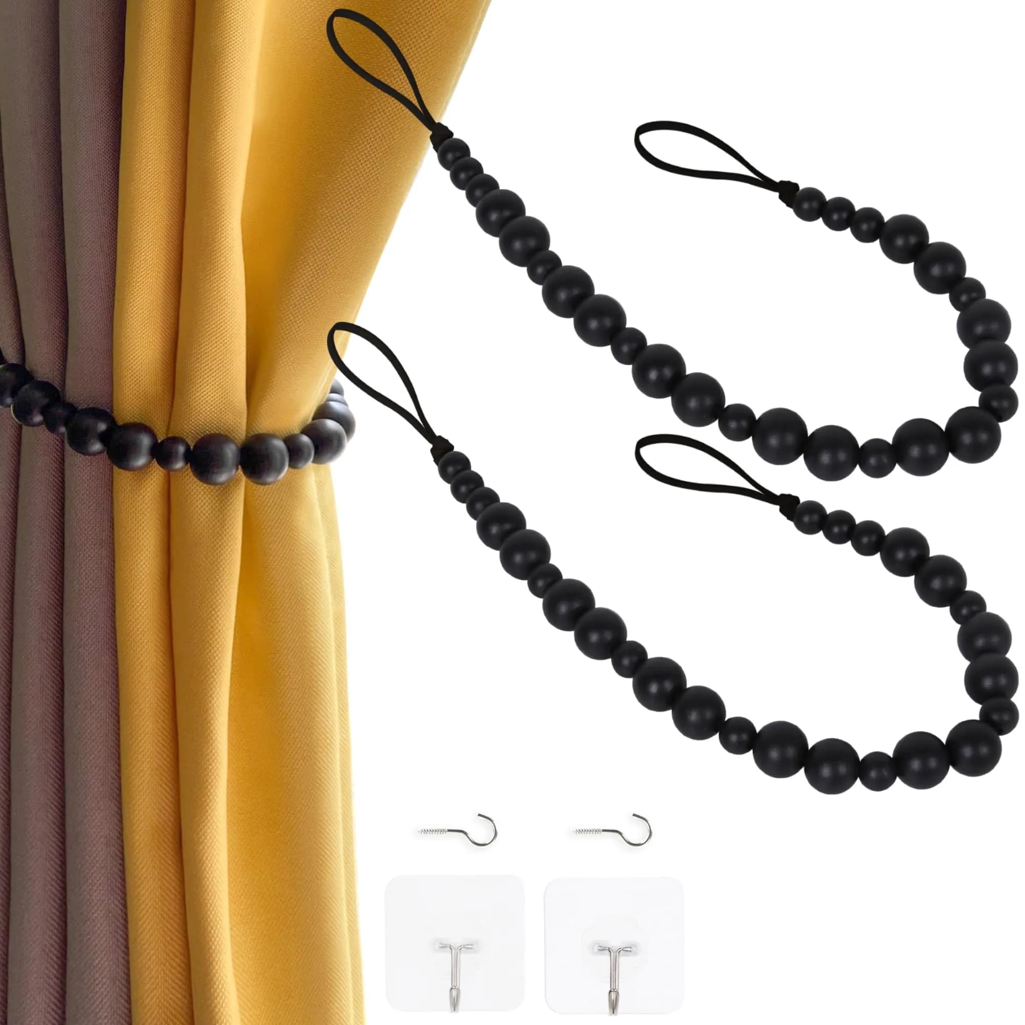 OCIOLI Wood Bead Curtain Tiebacks with Hooks, 18.9" Boho Curtain Holdbacks (2-Pack, Wood Color) — Black Color