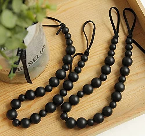 OCIOLI Black Wood Bead Curtain Tieback Set of 2 | Boho Curtain Holdbacks with Metal & Adhesive Hooks (48 cm / 18.9 in) thumbnail 2