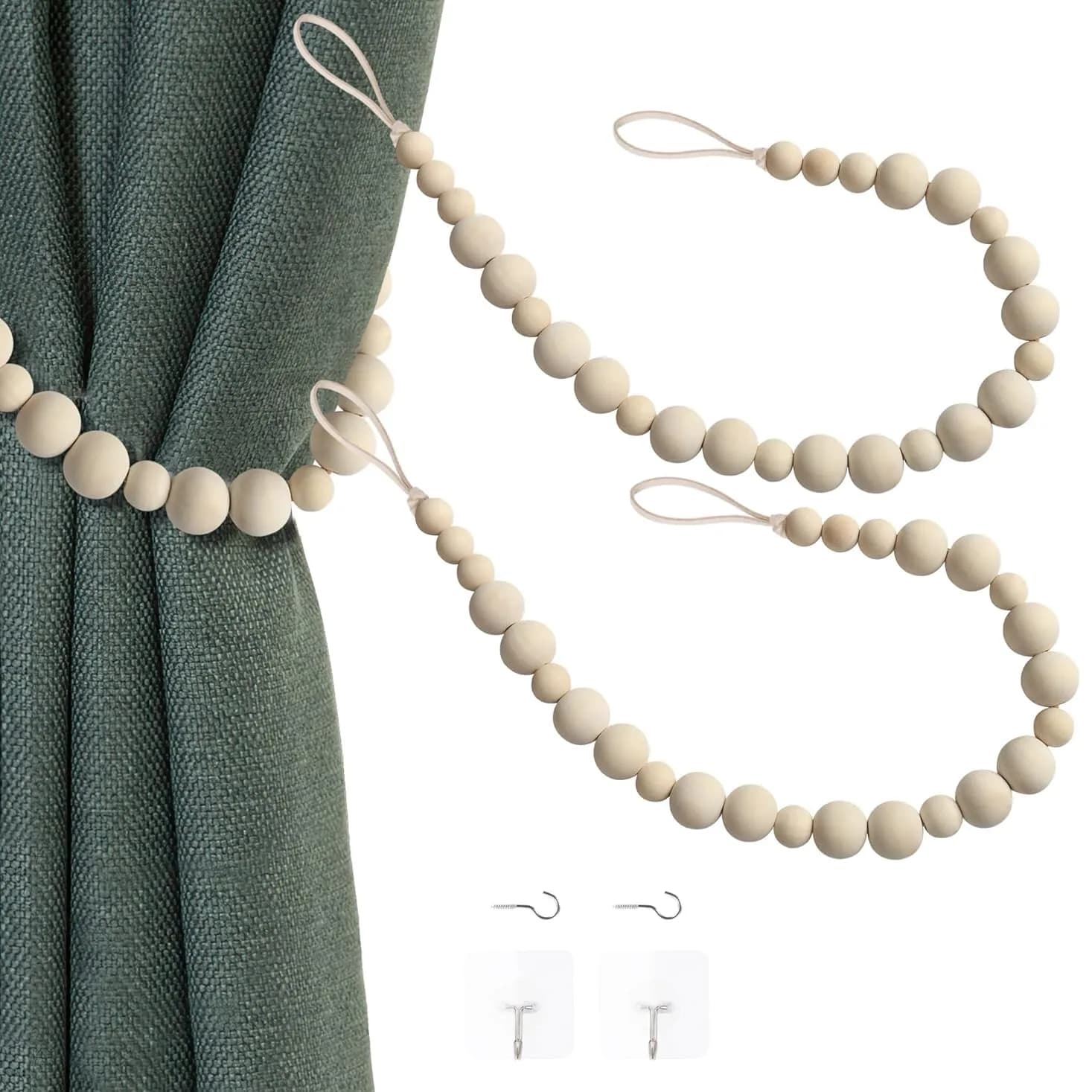 OCIOLI Wood Bead Curtain Tiebacks with Hooks, 18.9" Boho Curtain Holdbacks (2-Pack, Wood Color) - main product image