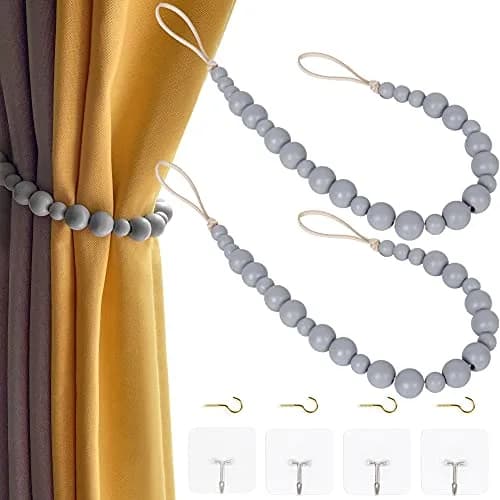 OCIOLI Grey Wood Bead Curtain Tiebacks with Hooks - 2 Pack | Boho Decor for Bedroom & Nursery thumbnail 1