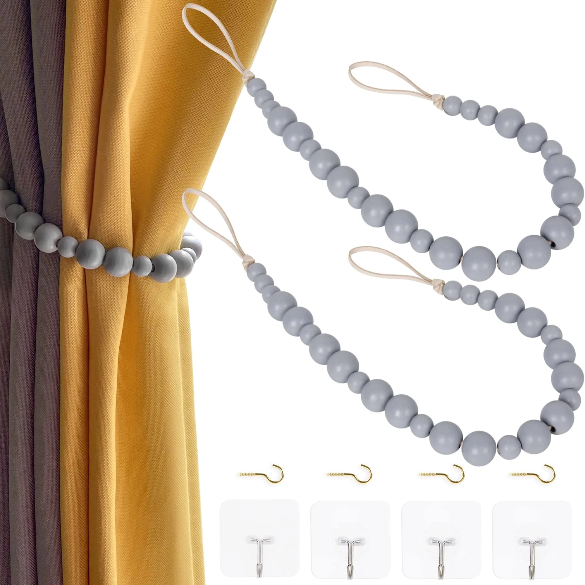 OCIOLI Wood Bead Curtain Tiebacks with Hooks, 18.9" Boho Curtain Holdbacks (2-Pack, Wood Color) — Grey