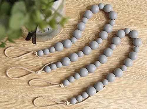 OCIOLI Grey Wood Bead Curtain Tiebacks with Hooks - 2 Pack | Boho Decor for Bedroom & Nursery thumbnail 2