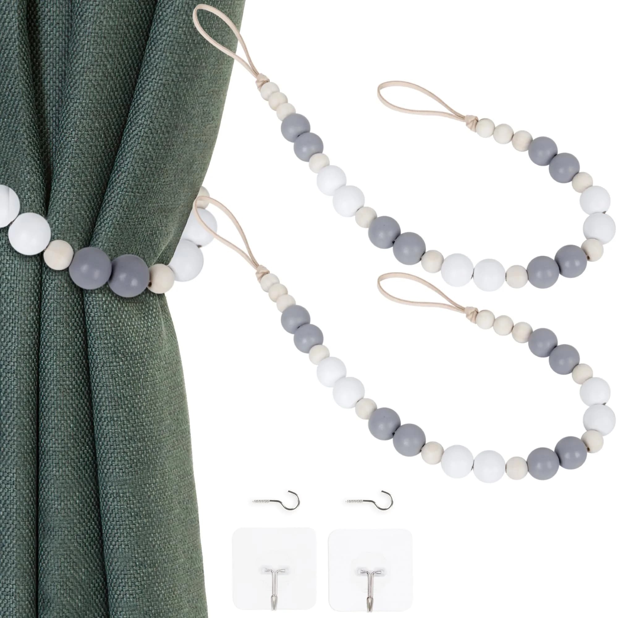 OCIOLI Wood Bead Curtain Tiebacks with Hooks, 18.9" Boho Curtain Holdbacks (2-Pack, Wood Color) — White, Gray, Wood Color