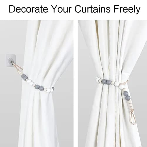 OCIOLI Wood Bead Curtain Tiebacks with Hooks, Boho Style, 18.9" Total Length (Set of 2, White/Gray/Wood) thumbnail 5