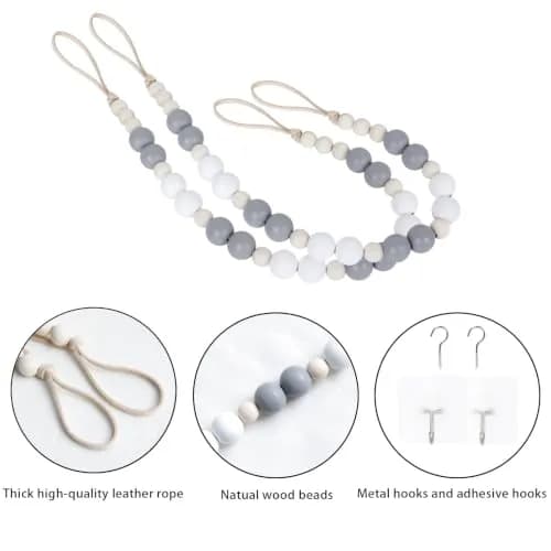 OCIOLI Wood Bead Curtain Tiebacks with Hooks, Boho Style, 18.9" Total Length (Set of 2, White/Gray/Wood) thumbnail 6