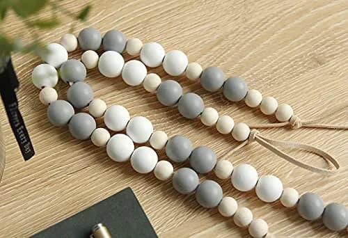 OCIOLI Wood Bead Curtain Tiebacks with Hooks, Boho Style, 18.9" Total Length (Set of 2, White/Gray/Wood) thumbnail 2