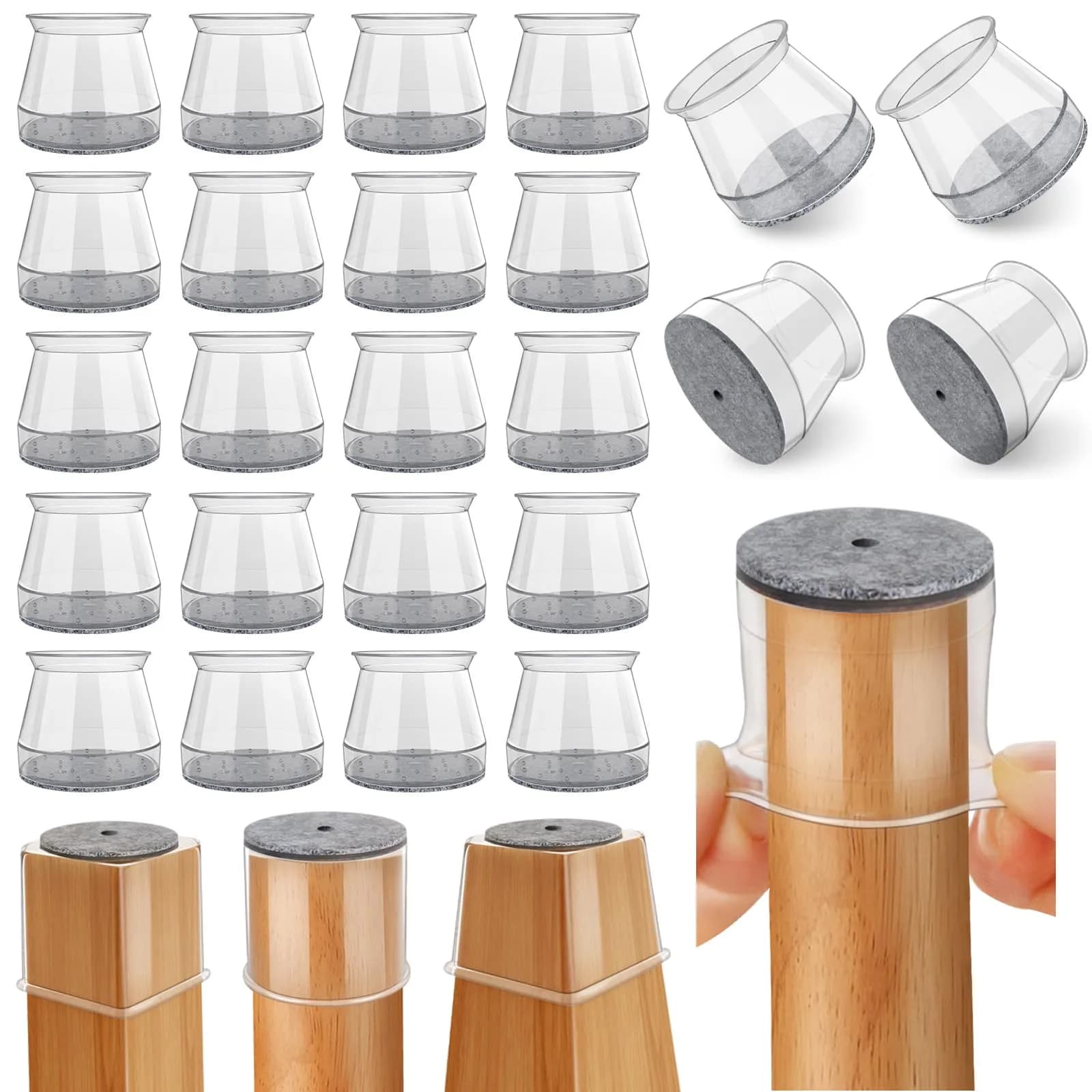 Ansible 24 Pcs Chair Leg Floor Protectors Round | Silicone Felt Pads for Hardwood Floors — Clear / Round L