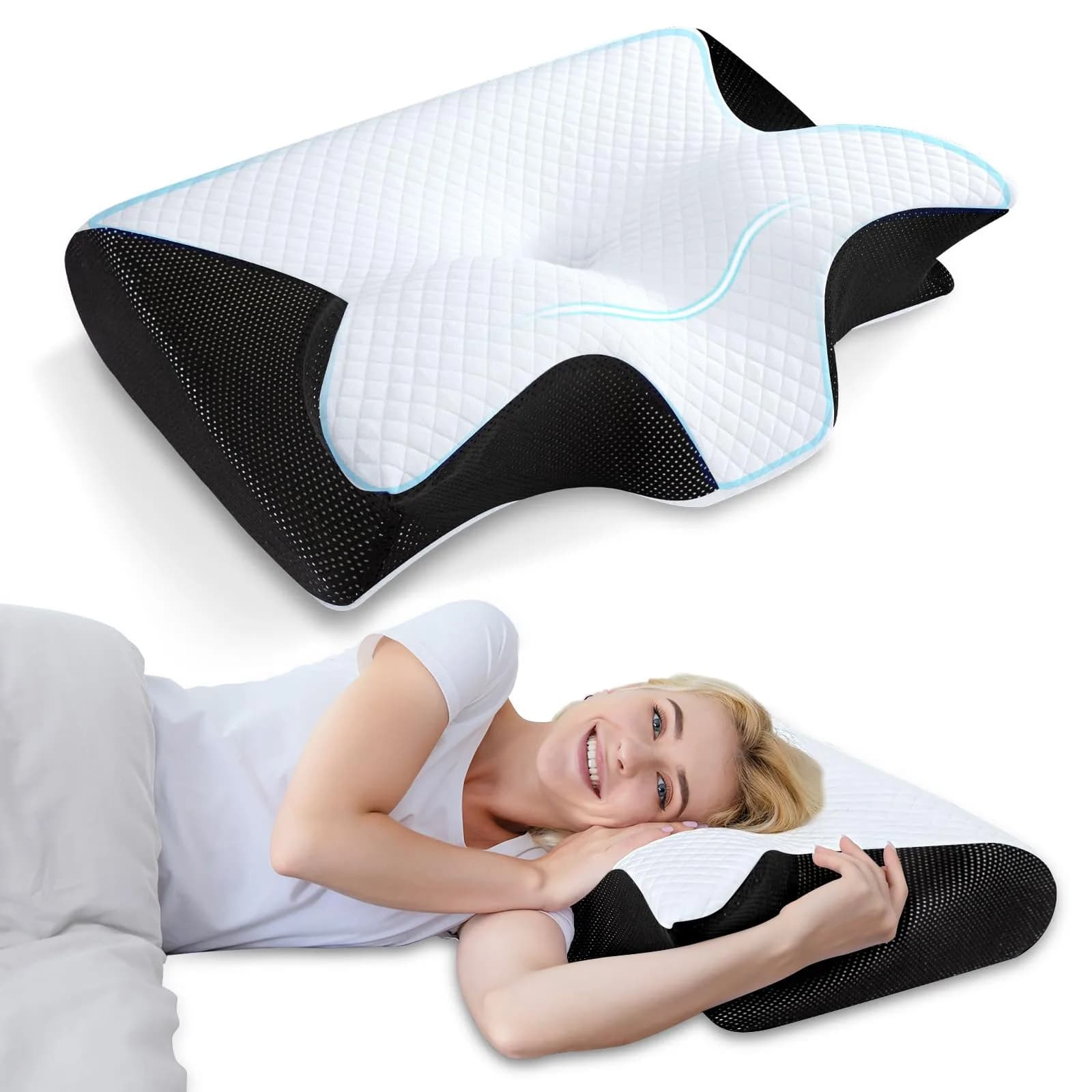 HOMCA Memory Foam Cervical Pillow 60cm (23.6") x 40cm (15.7") x 12cm (4.7") | CertiPUR-US Certified for Neck Pain Relief — Black