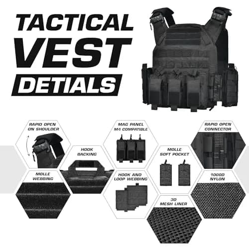 GFIRE Tactical Vest Lightweight 3D Breathable Vest for Training Black L-4XL | Adjustable Quick Release MOLLE System thumbnail 3
