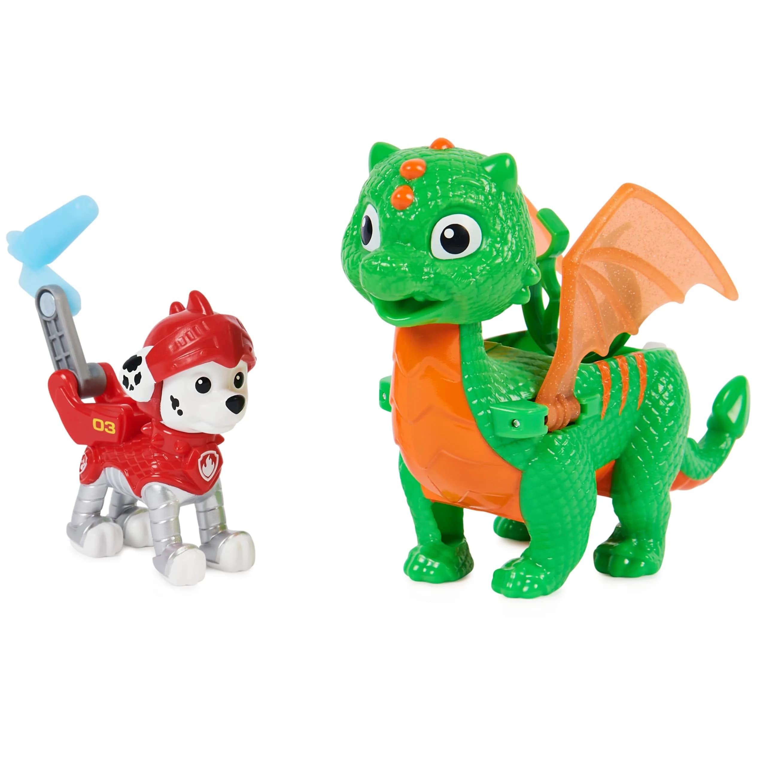 Paw Patrol Rescue Knights Rocky and Dragon Flame Action Figures Set 2 Piece Assortment | ASTM-Tested Educational Toy — Marshall and Dragon Jade