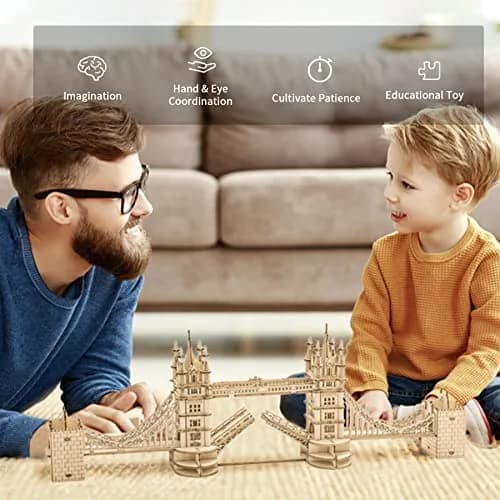 ROBOTIME 3D Puzzle Wooden Craft Kits with LED Light DIY Tower Bridge 14.1x2.9x4.6 inch | Brain Teaser Home Decor Gift thumbnail 5
