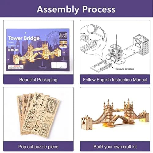 ROBOTIME 3D Puzzle Wooden Craft Kits with LED Light DIY Tower Bridge 14.1x2.9x4.6 inch | Brain Teaser Home Decor Gift thumbnail 9
