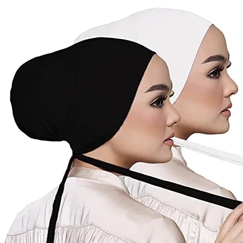 Hophor Women's Black Stretch Under Scarf Hijab Cap with Tie-Back Closure (2-Pack, White+Black) | Adjustable & Breathable Jersey thumbnail 1