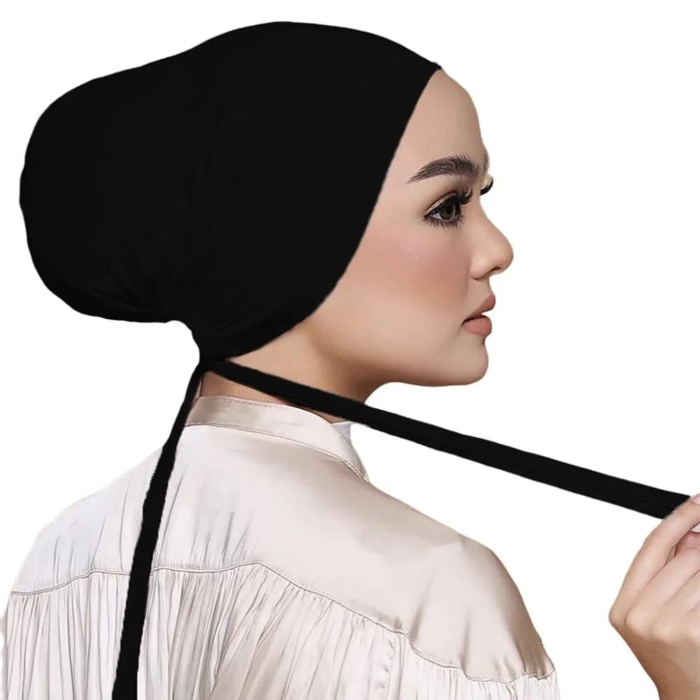 Hophor Women's Black Stretch Under Scarf Hijab Cap with Tie-Back Closure (2-Pack, White+Black) | Adjustable & Breathable Jersey — Black(1pcs)