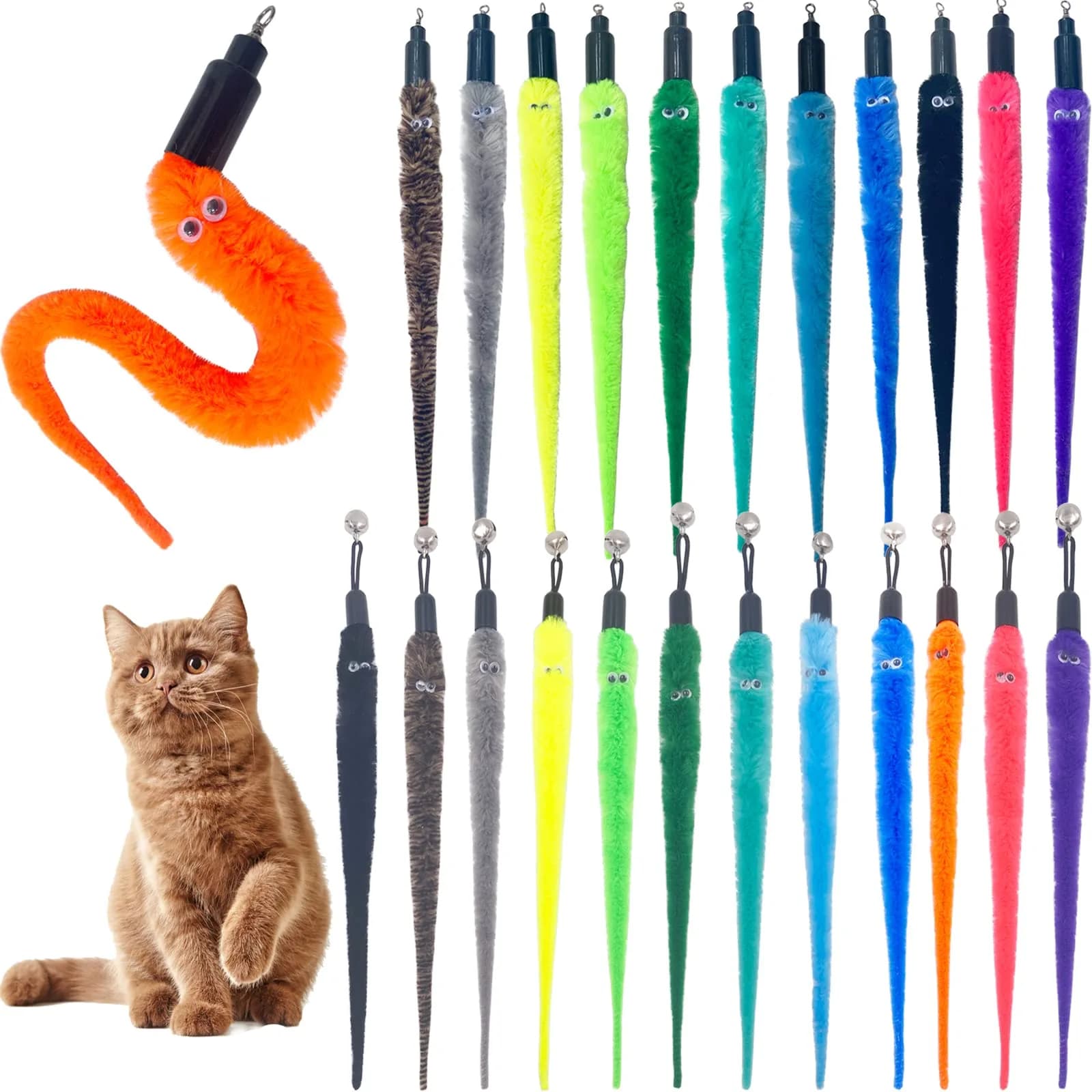 TIENAILING Cat Toy Worm Refills | 24 Pieces Interactive Cat Wand Attachments for Indoor Cats