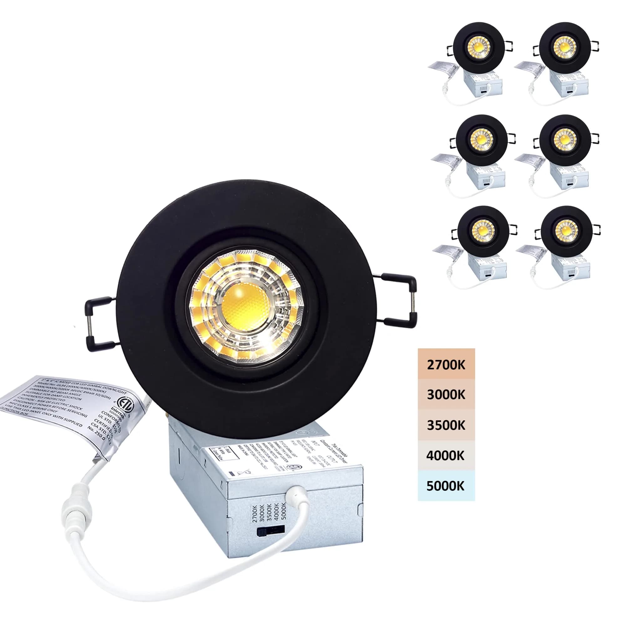 POPANU 3 Inch Black LED Recessed Gimbal Downlight 6 Pack | 5 CCT Adjustable Color Temperature — Black