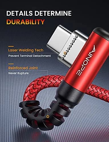 AINOPE 6.6ft (2m) Red Right Angle USB C to USB C Cable | 60W Fast Charging & 480Mbps Data Transfer thumbnail 6