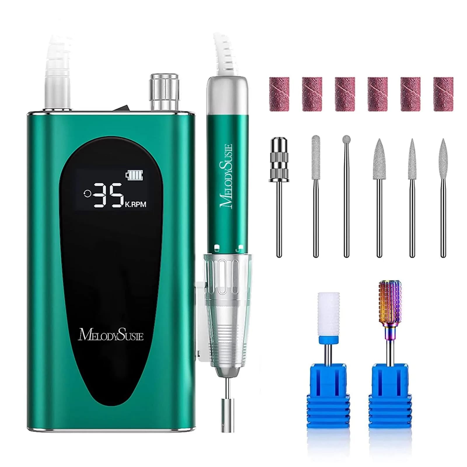 MelodySusie MM400C Cordless Nail Drill 35,000 RPM | 15+ Hour Battery Life, 400 gf·cm Torque, Low Heat & Vibration — Green