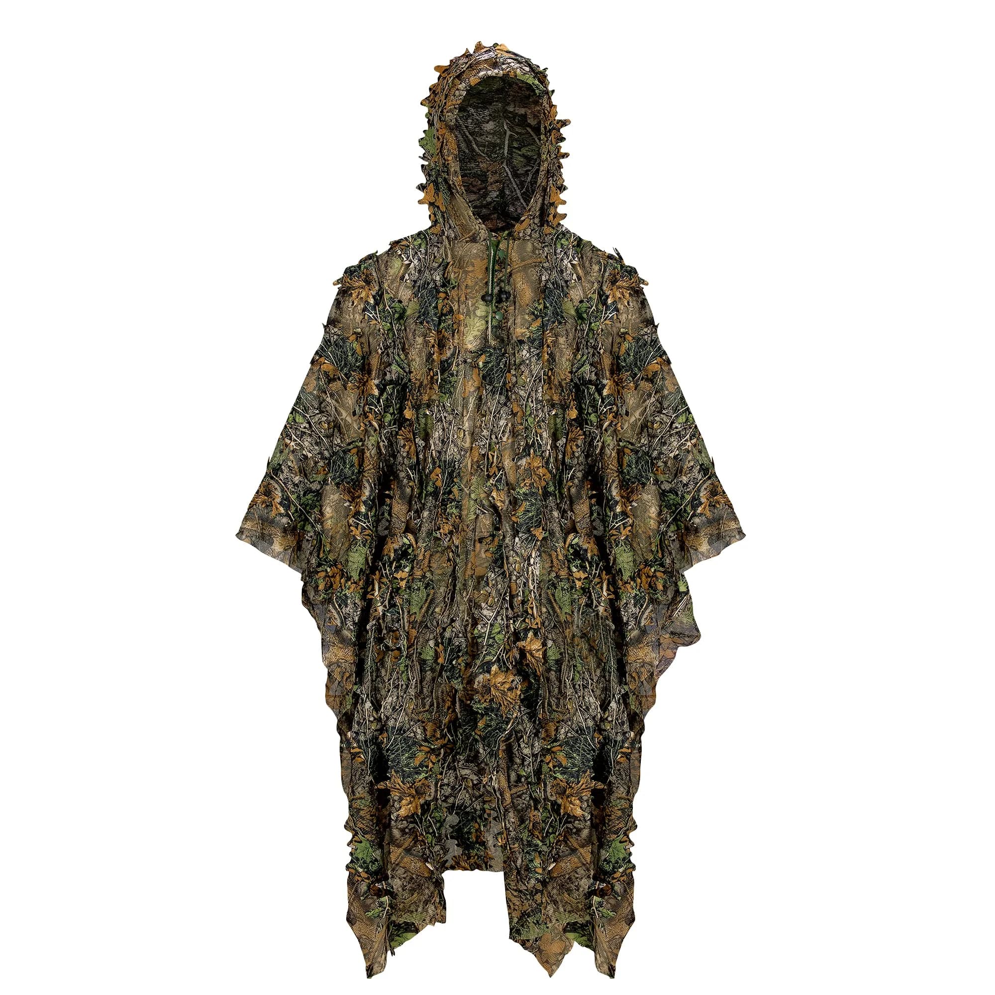 Ginsco 3D Leafy Camo Poncho Lightweight Ghillie Suit with Hood | Woodland Pattern for Hunting, Photography, Airsoft — Camo