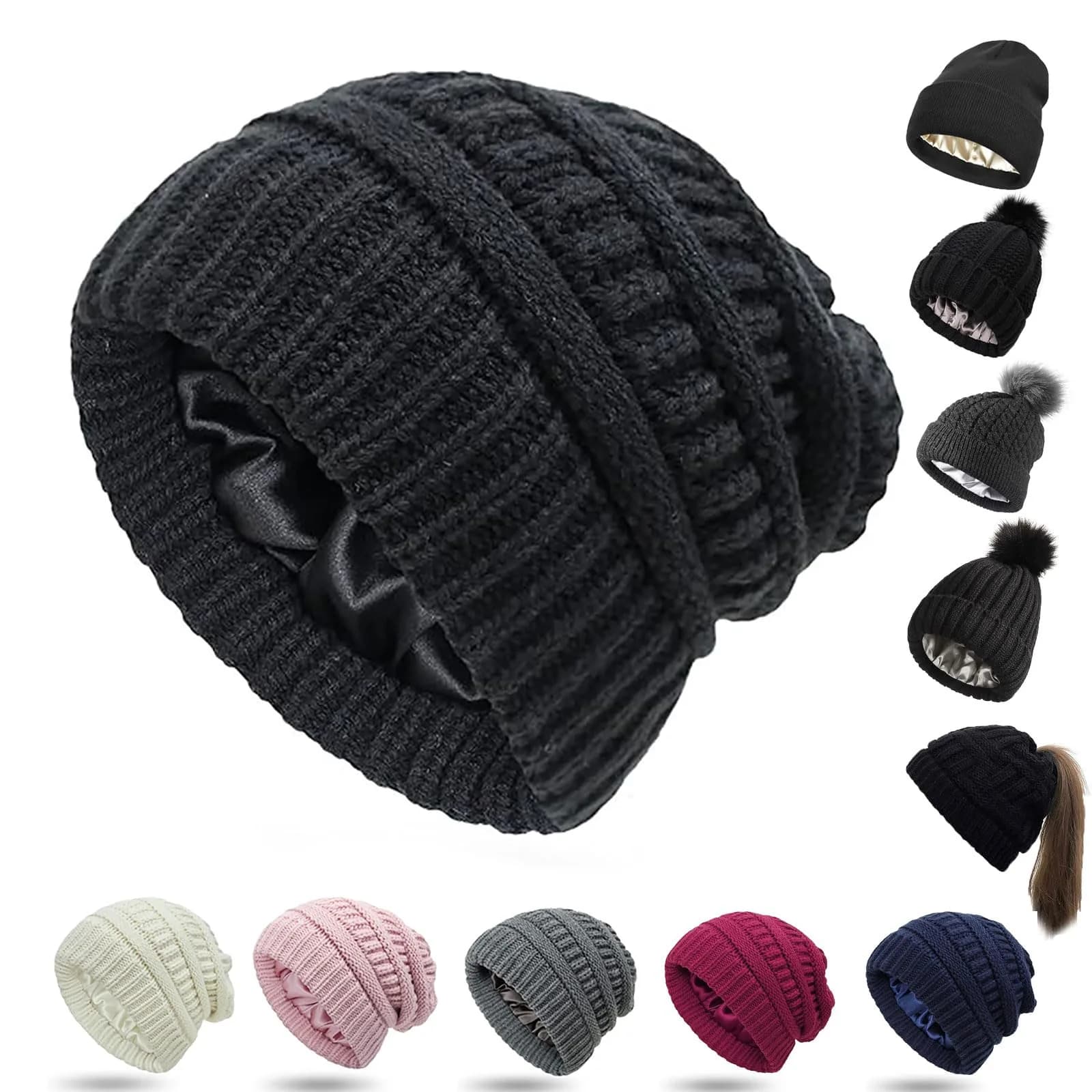Salalacap Womens Satin Lined Winter Beanie Cable Knit Thick Chunky Hat (Large-Slouchy-Black) | Warm, Moisture-Resistant — Large-slouchy-black