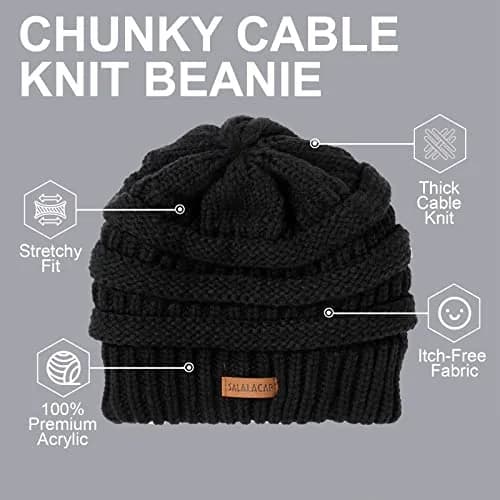 Salalacap Womens Satin Lined Winter Beanie Cable Knit Thick Chunky Hat (Large-Slouchy-Black) | Warm, Moisture-Resistant thumbnail 4