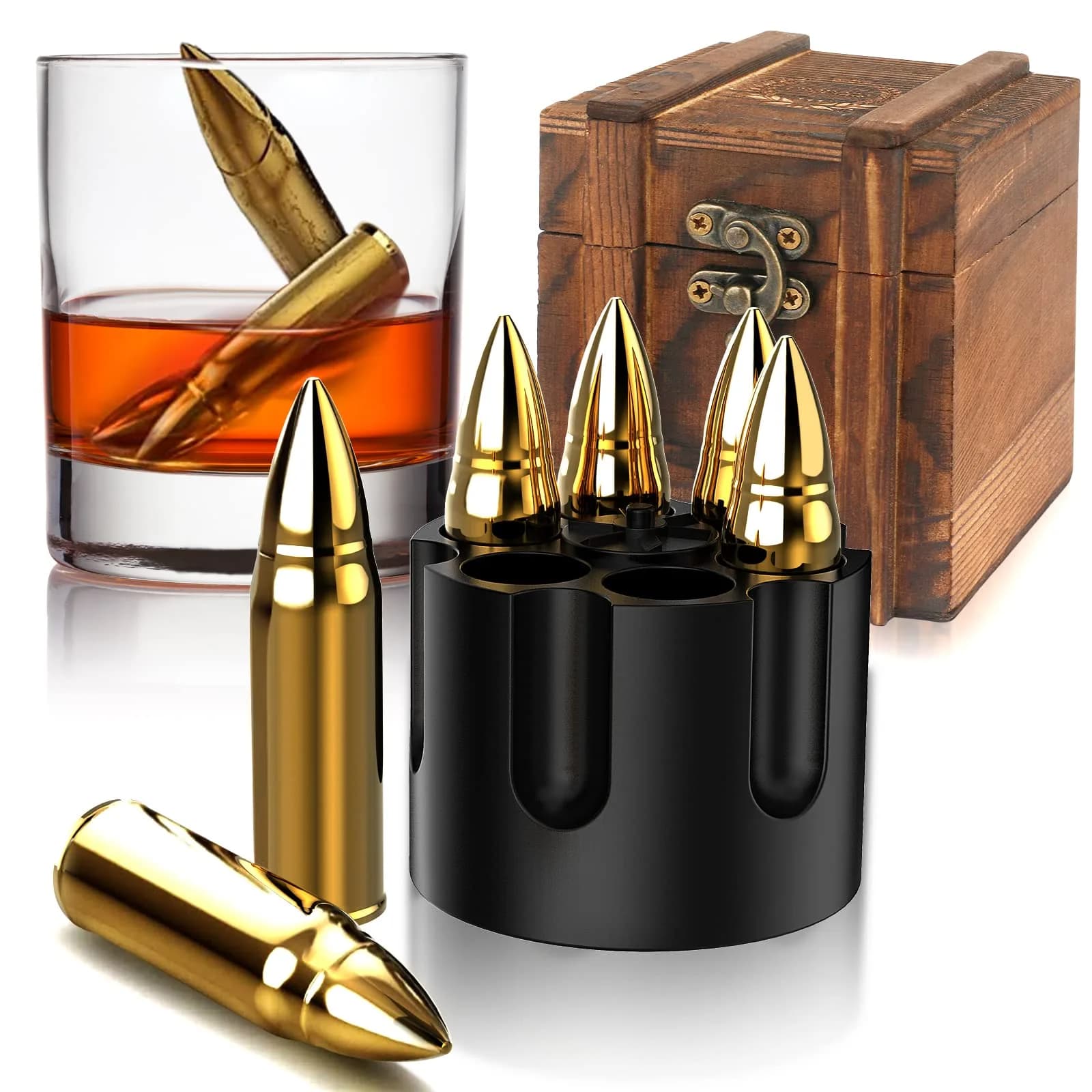 Chouggo Whiskey Bullet Stones with Wooden Case | Stainless Steel Ice Cubes for Men & Gift - main product image