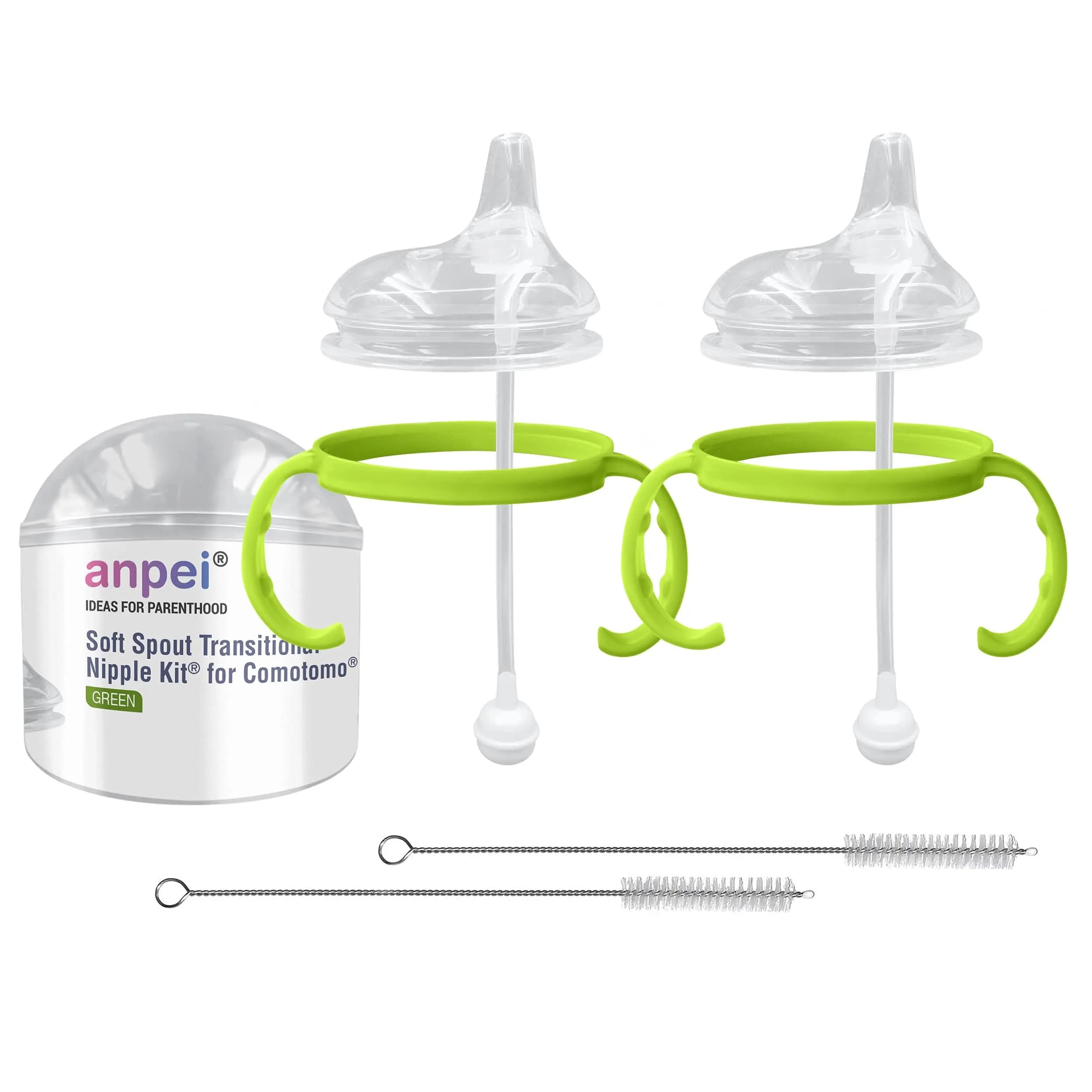 ANPEI Soft Spout Transitional Nipple Kit Bundle for Comotomo Bottles 5 oz & 8 oz, 2 Kits + Brushes (Green) | USA-Sourced Baby Bottle Conversion - main product image