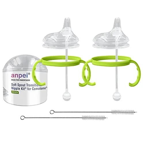 ANPEI Soft Spout Transitional Nipple Kit Bundle for Comotomo Bottles 5 oz & 8 oz, 2 Kits + Brushes (Green) | USA-Sourced Baby Bottle Conversion thumbnail 1