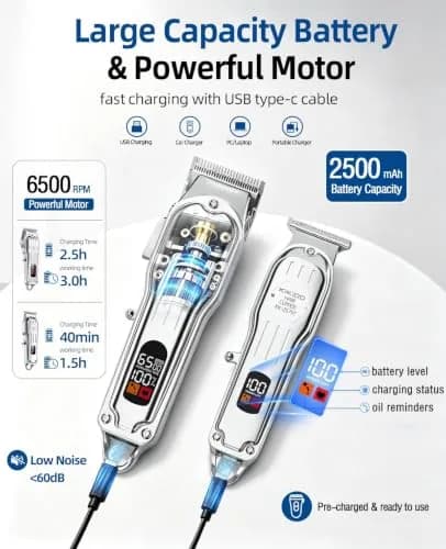 KIKIDO Cordless Hair Clippers for Men Professional Home Hair Cutting Kit | 11 Guide Combs, Rechargeable, LED Display thumbnail 3