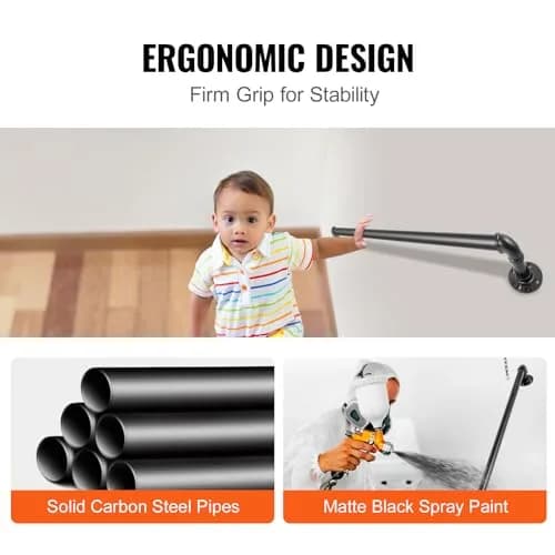 VEVOR Pipe Stair Handrail 3FT (0.9m) | 440LBS Load Capacity Industrial Carbon Steel Staircase Handrail with Wall Mount Support thumbnail 5