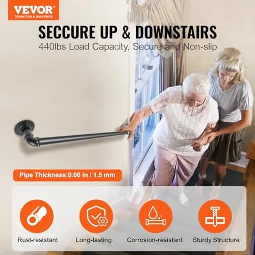 VEVOR Pipe Stair Handrail 3FT (0.9m) | 440LBS Load Capacity Industrial Carbon Steel Staircase Handrail with Wall Mount Support thumbnail 2