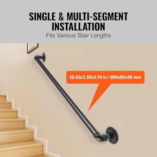 VEVOR Pipe Stair Handrail 3FT (0.9m) | 440LBS Load Capacity Industrial Carbon Steel Staircase Handrail with Wall Mount Support thumbnail 4