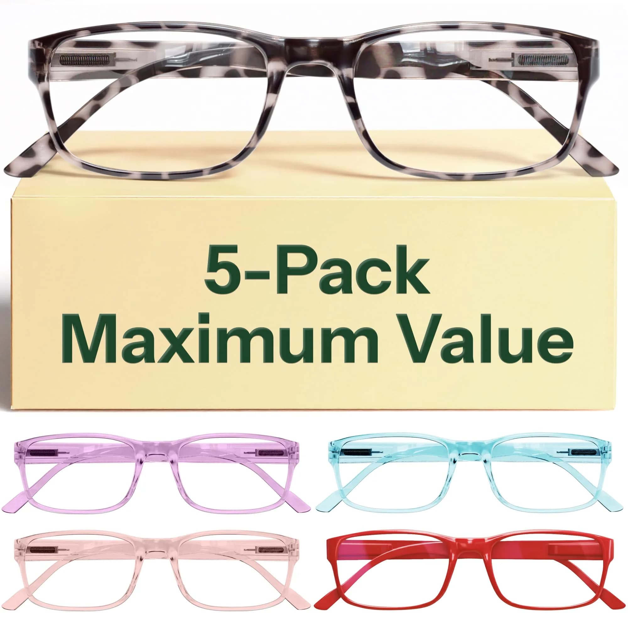Gaoye Blue Light Blocking Reading Glasses 5-Pack Mix Color 2, 1.5 Magnification | Spring Hinges & Anti-Glare