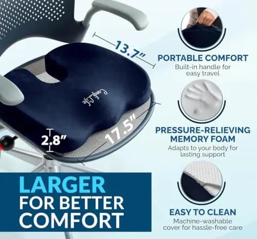 ComfiLife Gel Memory Foam Seat Cushion with Cooling Gel Layer | Ergonomic U-Shape for Back & Sciatica Relief (Navy Blue, 1 Unit) thumbnail 6