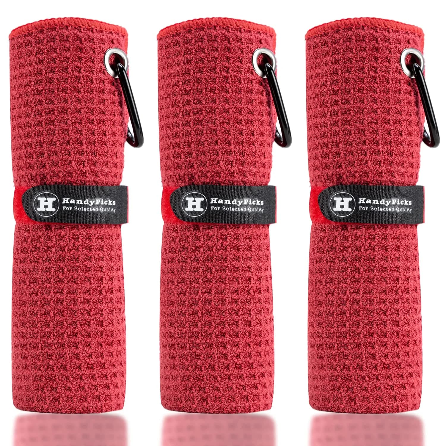 Handy Picks Microfiber Golf Towel 40cm x 40cm (16" x 16") | Pack of 3 Red Waffle Pattern with Carabiner Clip — Red