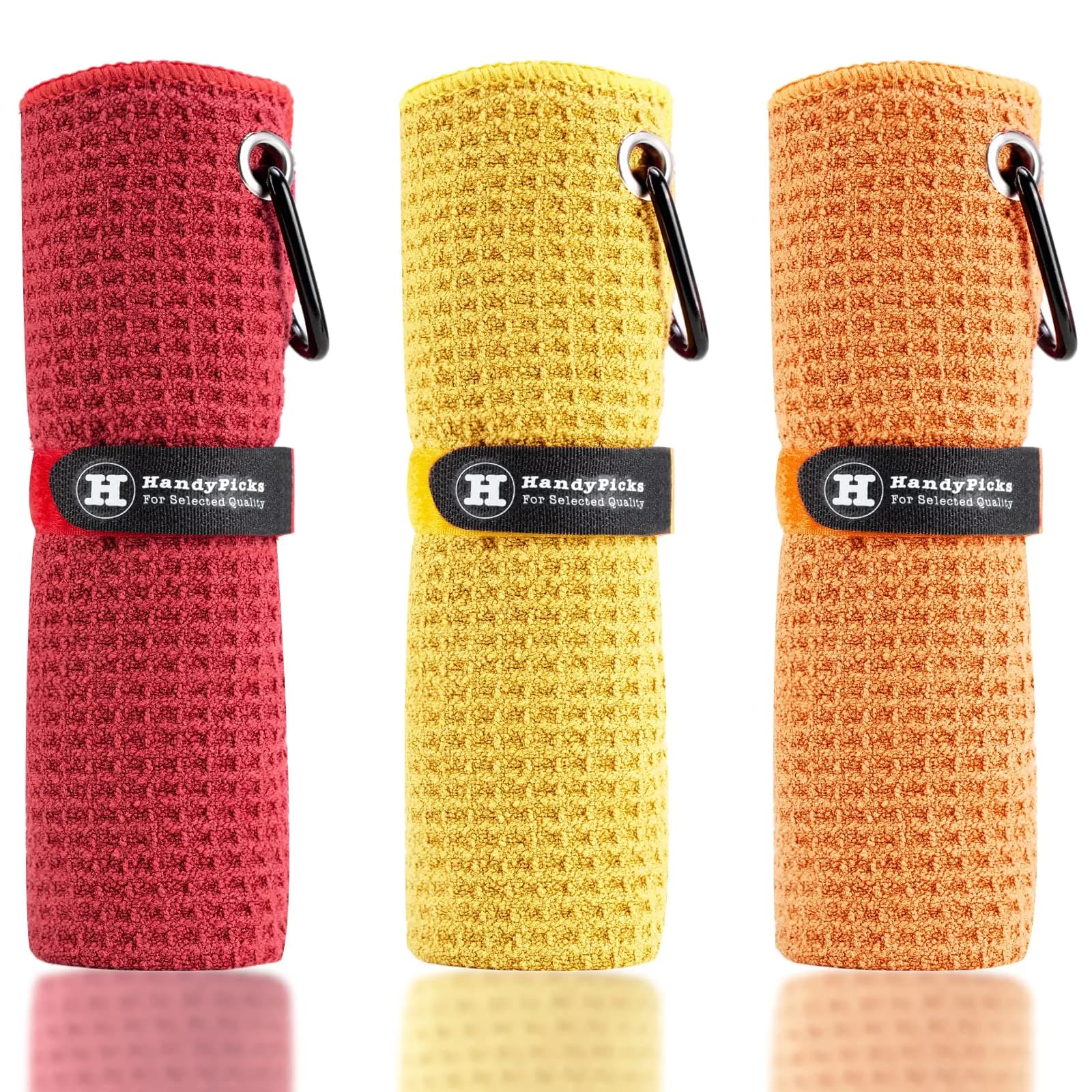 Handy Picks Microfiber Golf Towel 40cm x 40cm (16" x 16") | Pack of 3 Red Waffle Pattern with Carabiner Clip — Red/Yellow/Orange