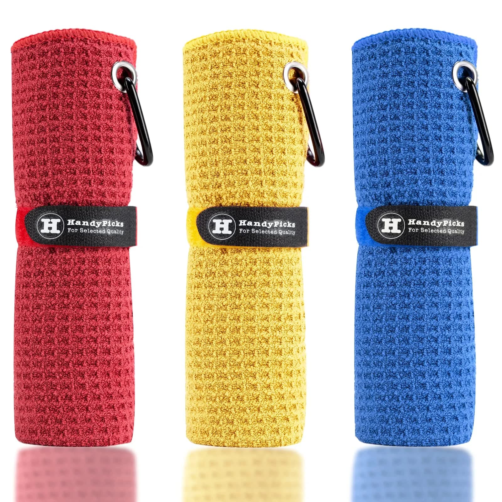 Handy Picks Microfiber Golf Towel 40cm x 40cm (16" x 16") | Pack of 3 Red Waffle Pattern with Carabiner Clip — Red/Blue/Yellow