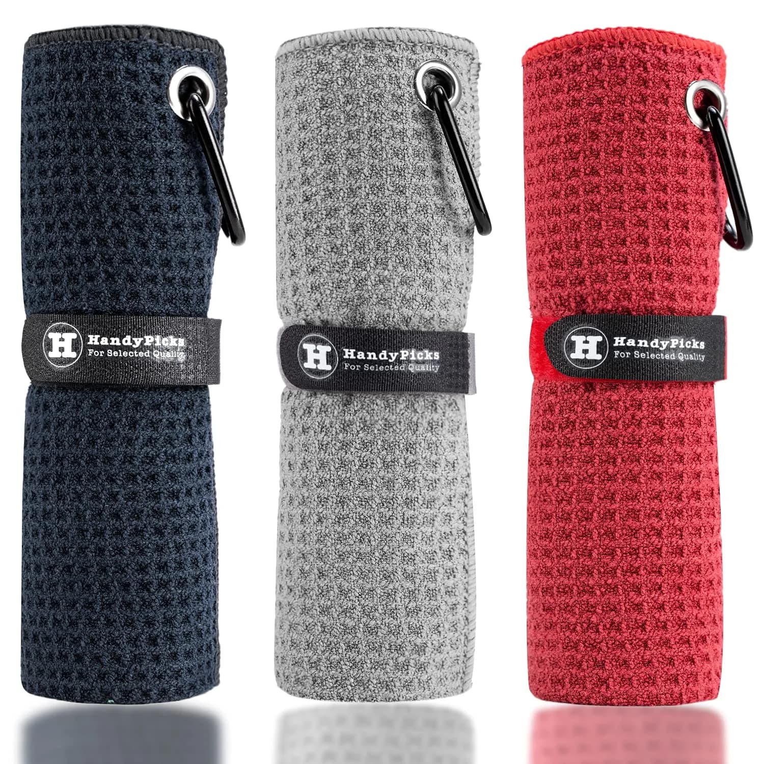 Handy Picks Microfiber Golf Towel 40cm x 40cm (16" x 16") | Pack of 3 Red Waffle Pattern with Carabiner Clip — Black/Grey/Red