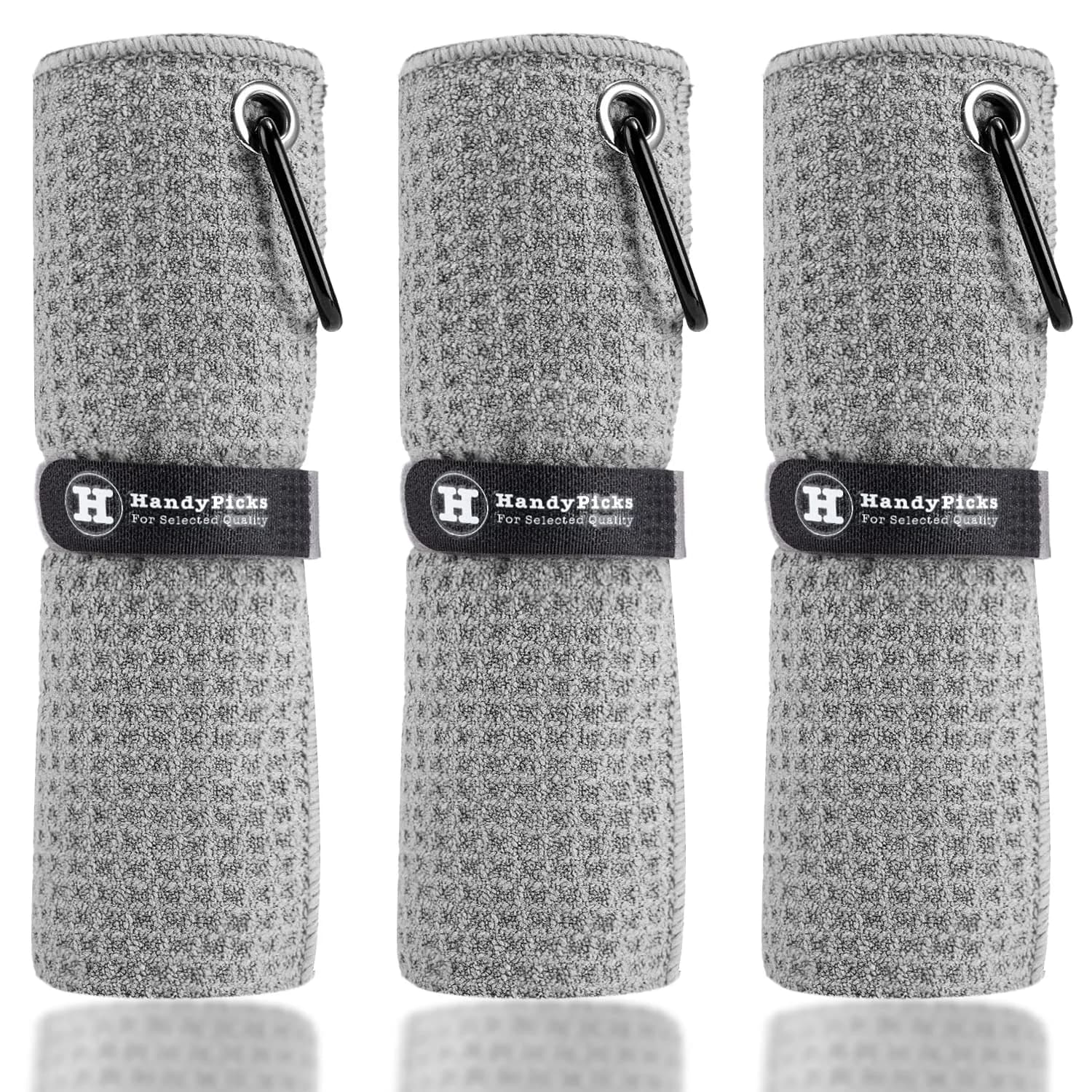 Handy Picks Grey Microfiber Golf Towel 40cm x 40cm with Waffle Pattern and Carabiner Clip