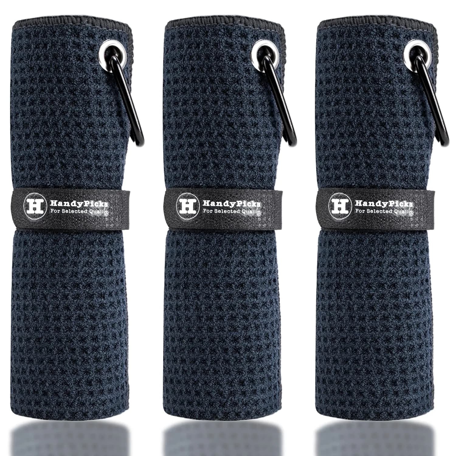 Handy Picks Black Microfiber Golf Towel 40cm x 40cm with Waffle Pattern & Carabiner Clip