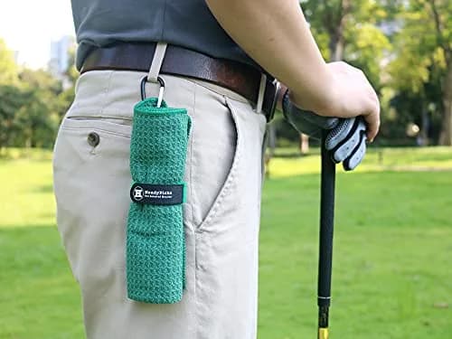 Handy Picks Microfiber Golf Towel 16" x 16" Dark Green | Waffle Pattern, Quick-Dry, Pocket Size thumbnail 3