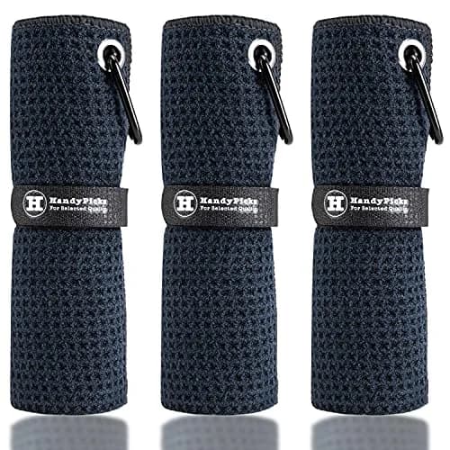 Handy Picks Microfiber Golf Towel 40cm x 40cm - Black, Grey & Blue Waffle Pattern with Carabiner Clip thumbnail 1