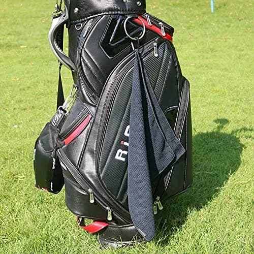 Handy Picks Microfiber Golf Towel 40cm x 40cm - Black, Grey & Blue Waffle Pattern with Carabiner Clip thumbnail 4