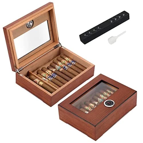 TISFA Cigar Humidor Glass Top Box with Hygrometer Humidifier Divider 25.4cm x 17.8cm x 7.1cm | Spanish Cedar Wood thumbnail 1