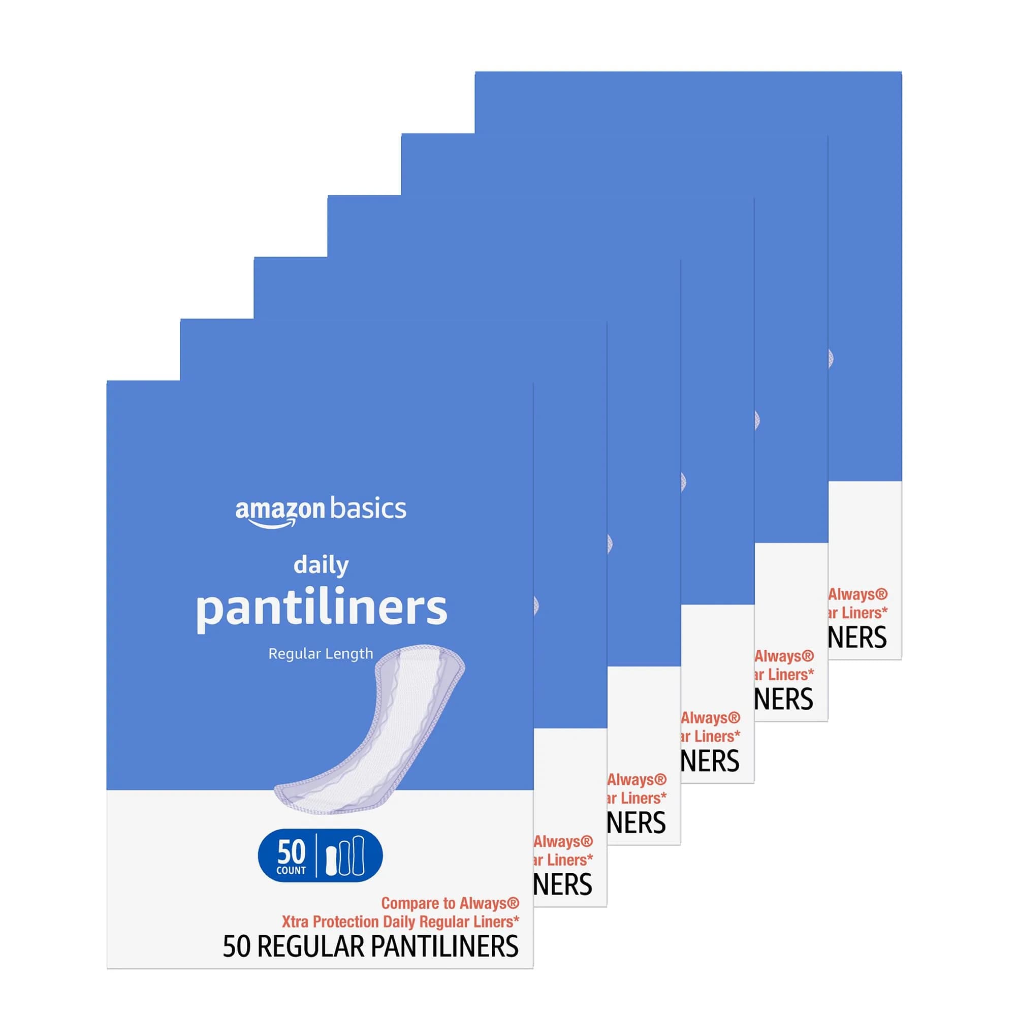 Amazon Basics Daily Pantiliner, Regular Length, Unscented, 300 Count (6 Packs of 50) | Feminine Pads for Light Protection