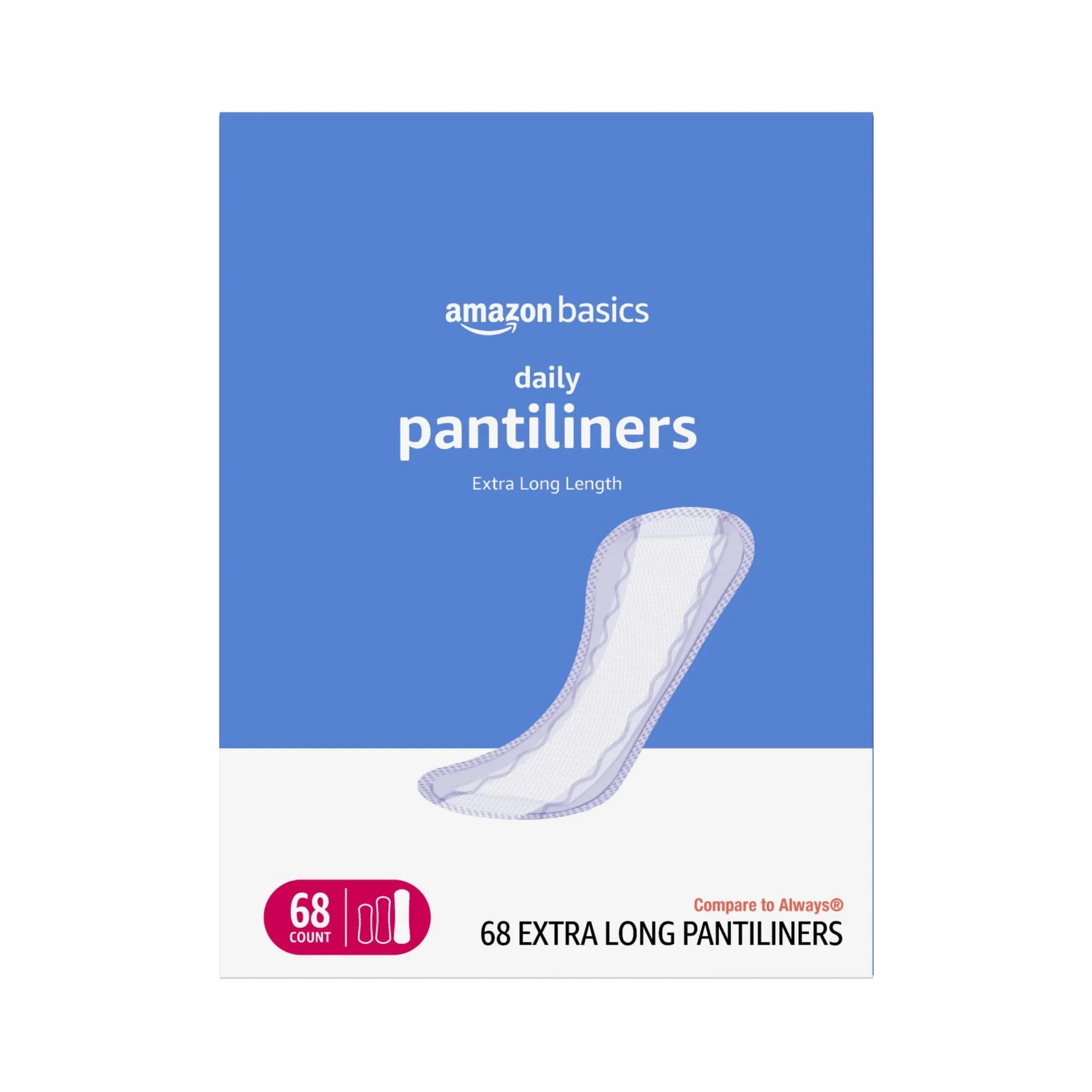 Amazon Basics Daily Pantiliner, Extra Long Length, Thin Feminine Pads for Women, Unscented, Leak Protection, Daily Use, 68 Count | Fragrance-Free - main product image